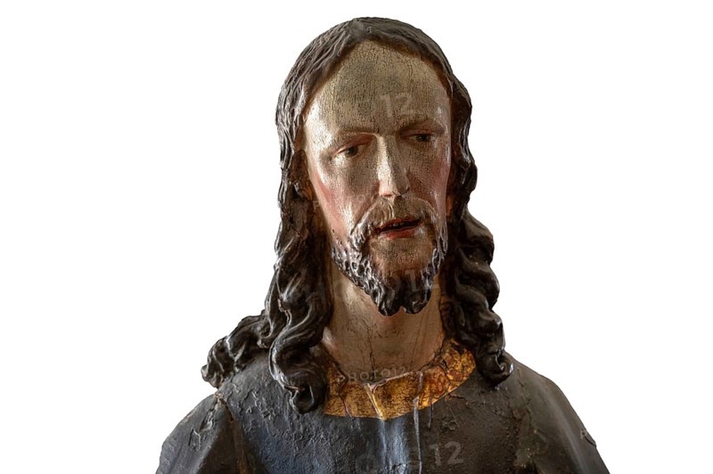 Palmesel wooden figure around 1880, Christ detail on white background, Dominican convent Wettenhausen, Swabia, Bavaria, Germany, Europe