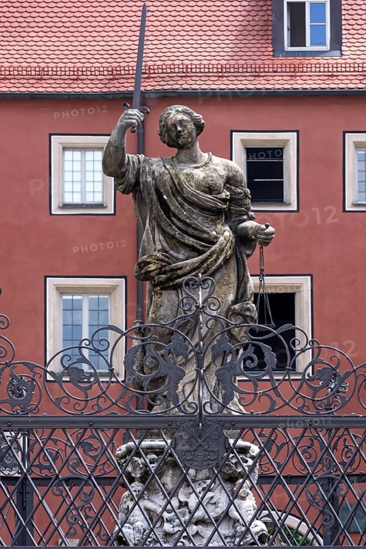 Fountain figure of Justitia and ornamental grille, early baroque, 1656-1659 by Leoprand Hilmer, Regensburg, Upper Palatinate, Bavaria, Germany, Europe
