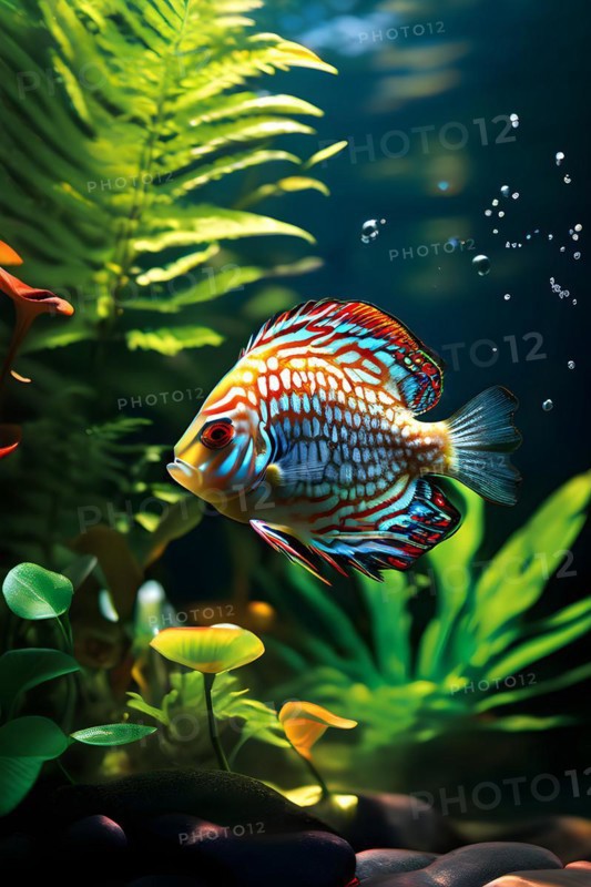 Discus fish gliding through the shallow amazon waters illuminated by dappled sunlight, AI generated
