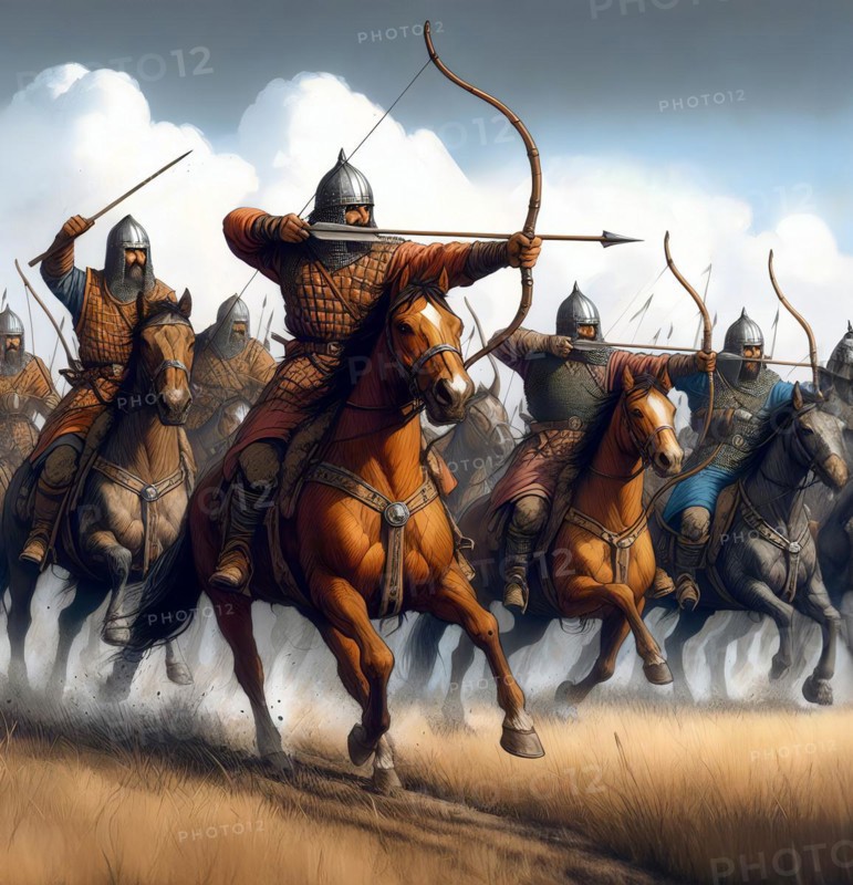 Warriors of an equestrian race attack on horseback with bow and arrow, AI generated, AI generated