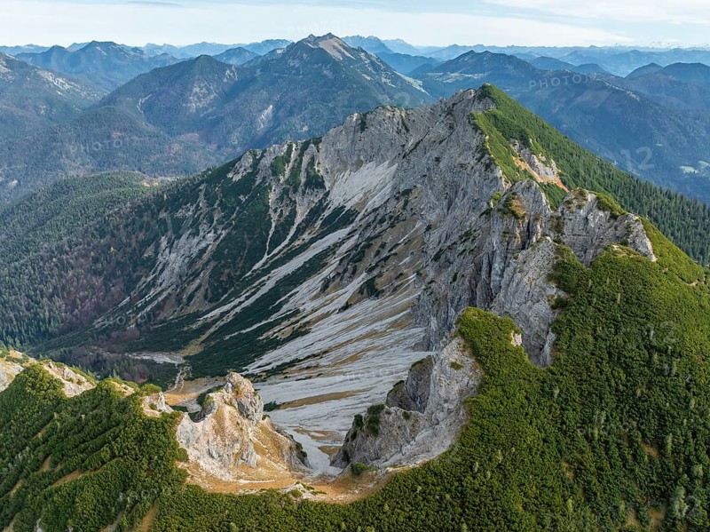 Aerial view, summit and degree, Bavarian and Austrian Schinder, Tegernsee mountains in the Mangfall mountains, Germany, Europe