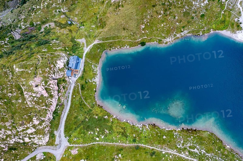 Aerial view, Wolayerseehütte, Carnic Alps, Carnic Alps main ridge, Austria, Europe