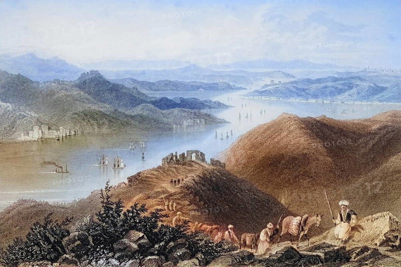 The Bosphorus, opposite Genoa Castle, Historical, digitally restored reproduction from a 19th century original, Record date not stated