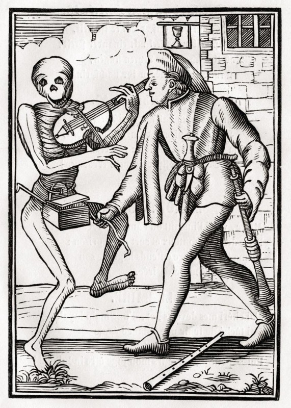 Der Tod kommt zum Musikanten Aus Der Todten Tanz oder Der Totentanz, Basel 1843, Death comes to the Musician From Der Todten Tanz or The Dance of Death published Basel 1843, Historic, digitally restored reproduction from a 19th century original, Record date not stated