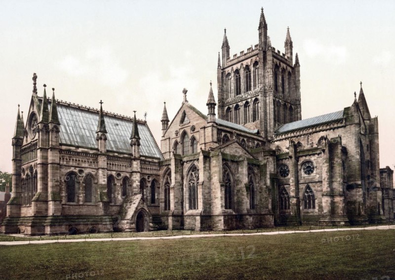 Hereford Cathedral, . Cathedral of Saint Mary the Virgin and Saint Ethelbert the King, Episcopal Church of the Anglican Diocese of Hereford in Hereford, England, c. 1890, Historic, digitally restored reproduction from a 19th century original