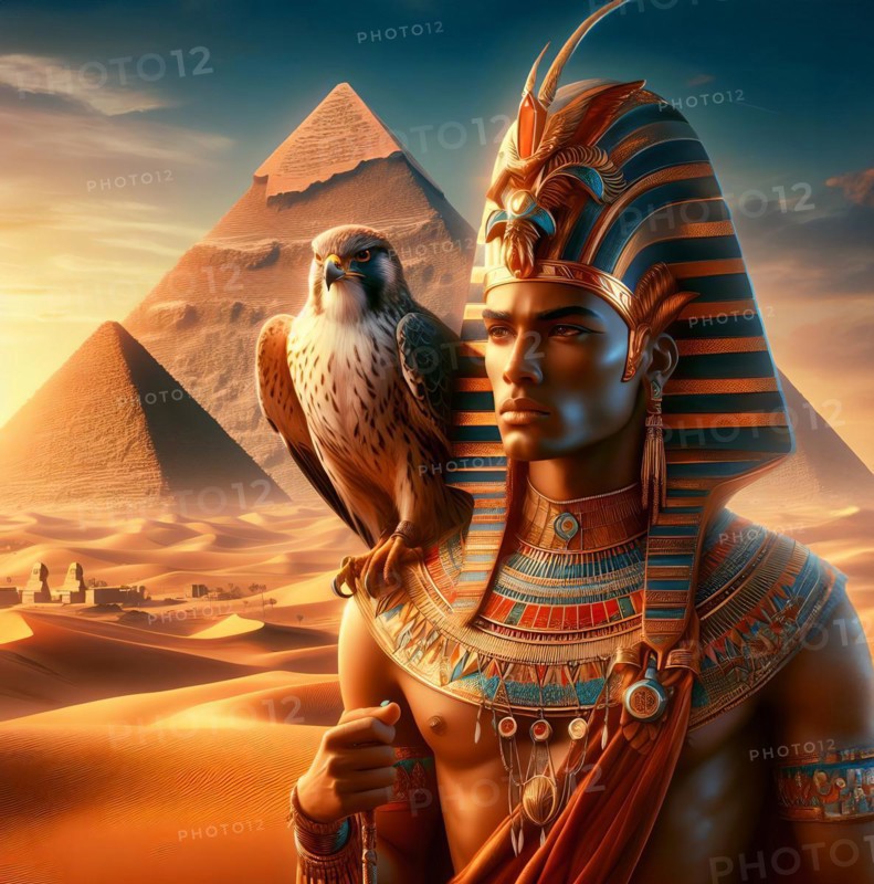 Portrait of an Egyptian pharaoh with a falcon on his shoulder in front of the pyramids, symbolic image mythology in ancient Egypt, gods, pharaoh, falcon god, AI generated, AI generated
