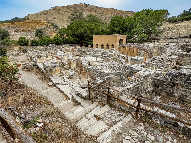 Overview of ruins of historic Roman amphitheatre from antiquity in excavation site remains of ancient Roman city of Gortys Gortyn former capital of Crete, Gortyna, Crete, Greece, Europe