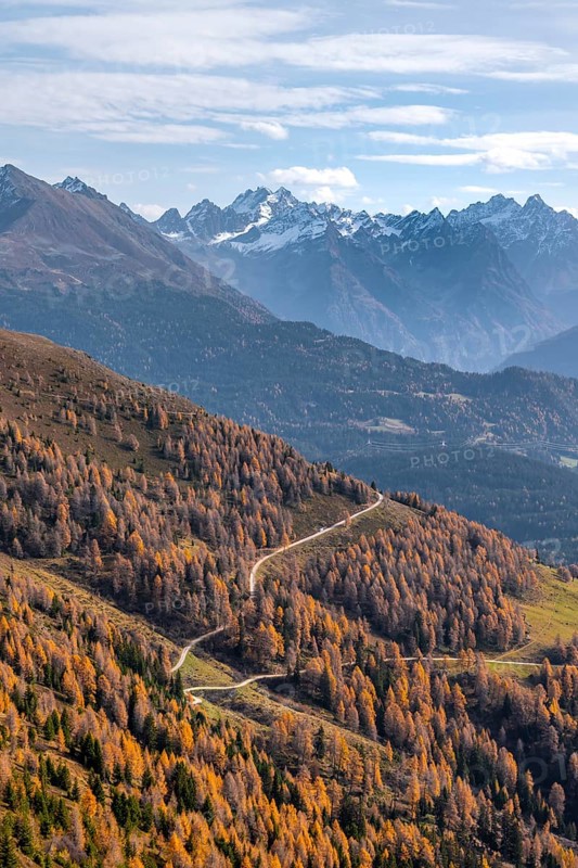 Krahberg on the Venet in autumn with yellow larches, Ötztal Alps, Tyrol, Austria, Europe