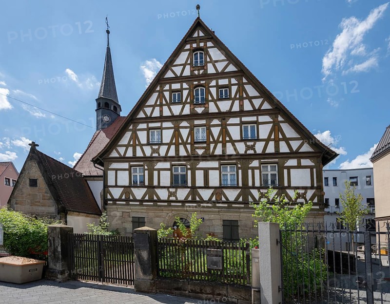 Historic half-timbered house with garden, Forchheim, Upper Franconia, Bavaria, Germany, Europe