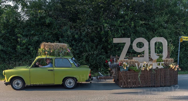 Trabant with festive trailer for the 790th anniversary of the village of Vitense, Mecklenburg-Vorpommern, Germany, Europe