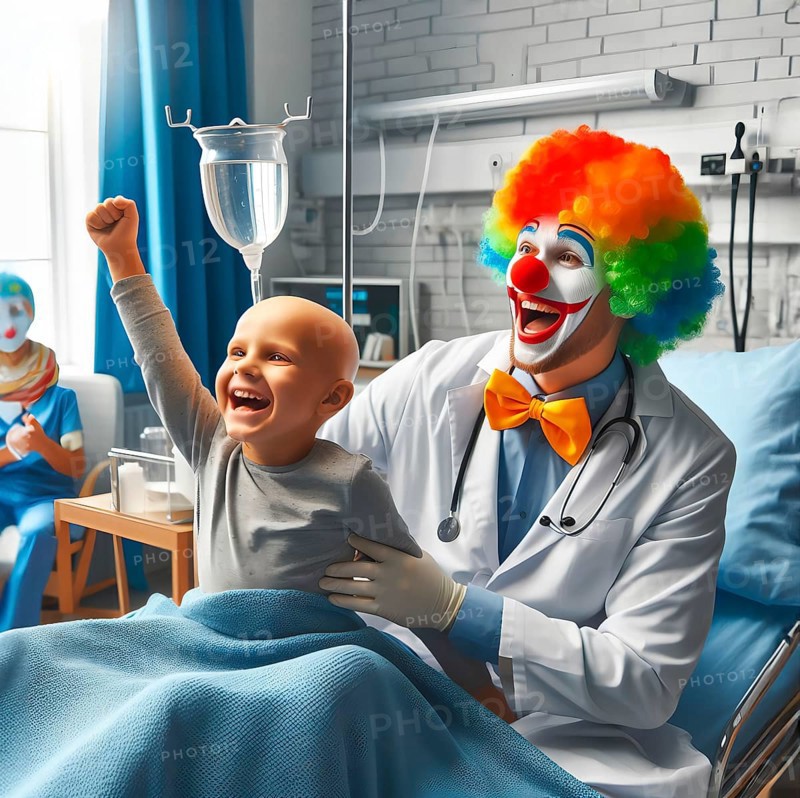 A clown, a hospital clown, in mask, red nose and costume with a sick child in the hospital and makes him laugh, AI generated, AI generated