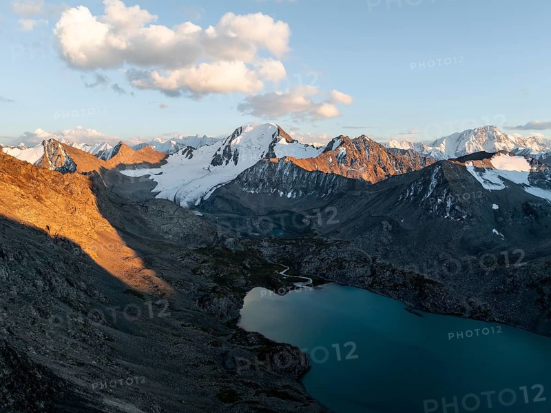 Evening mood, mountain panorama, aerial view, 4000 metre peak with glacier, mountain pass and mountain lake Ala-Kul Lake, Tien Shan, Kyrgyzstan, Asia