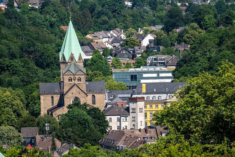 St Ludgerus Church, city panorama, Essen-Werden, in the south of the city, North Rhine-Westphalia, Germany, Europe