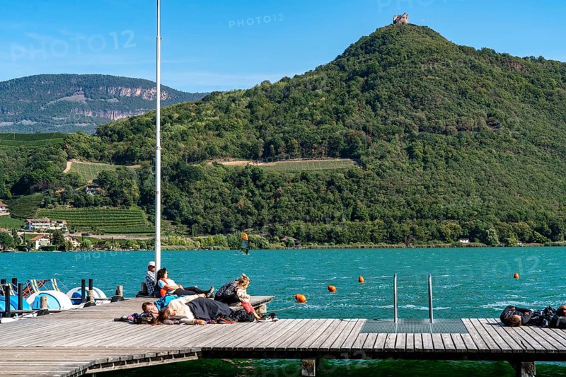 Gretl am See lido on Lake Kaltern, near the village of Kaltern, in the Adige Valley in South Tyrol, one of the two warmest lakes in the Alps, bathing lake, surrounded by vineyards and apple orchards, Italy, Europe
