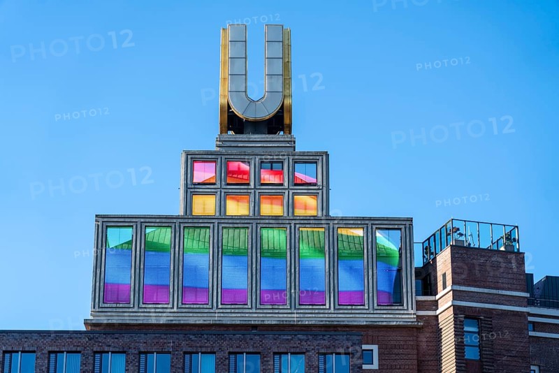 The Dortmunder U, art museum, former brewery, video screens with the rainbow flag, solidarity action during the 2022 World Cup in Qatar, North Rhine-Westphalia, Germany, Europe