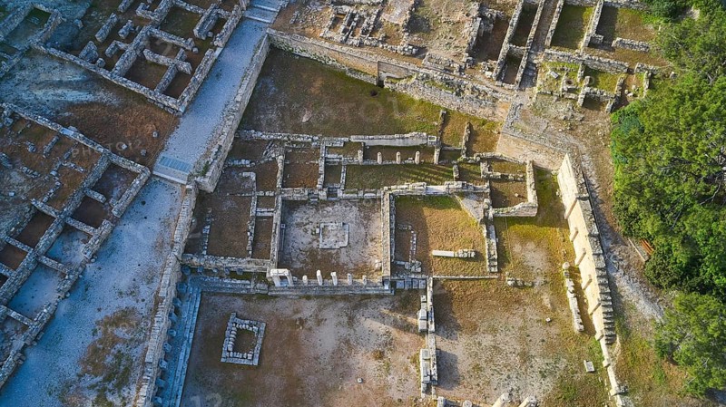 Drone shot, first morning light, Ancient ruins of an archaeological site in daylight with historical structures and remains of walls, Kamiros, Archaeological site, Ancient city, Foundation of Doric Greeks, Rhodes, Dodecanese, Greek Islands, Greece, Europe
