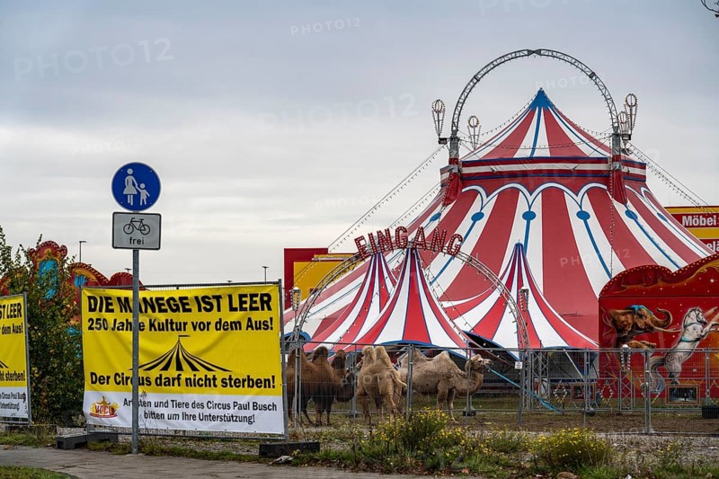 Circus Paul bush, shut down during the second corona lockdown, in Oberhausen, with posters pointing out the difficult situation of circus businesses during the pandemic, Oberhausen North Rhine-Westphalia, Germany, Europe