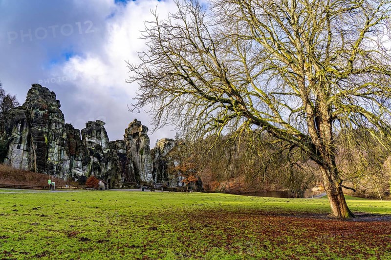 The Externsteine, a sandstone rock formation, in the Teutoburg Forest, near Horn-Bad Meinberg, Lippe district, North Rhine-Westphalia, Germany, Europe