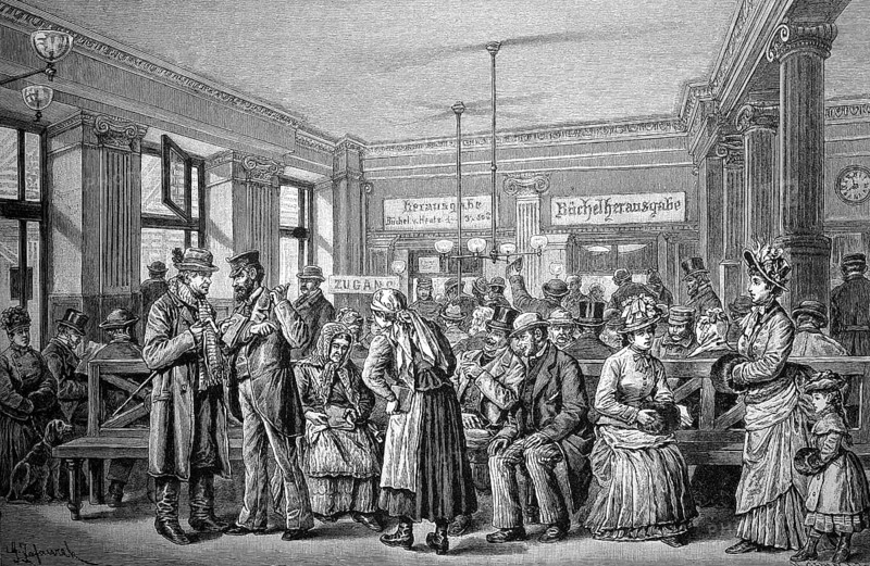At the Savings Bank in Vienna, Austria, in 1880 / Auf der Sparkasse in Wien, Österreich, im Jahre 1880, Historical, digital reproduction of an original from the 19th century, Europe