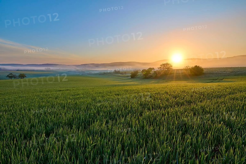 A picturesque sunrise over a wide green field and a gentle hilly landscape, Mönchberg, Mltenberg, Spessart, Bavaria, Germany, Europe