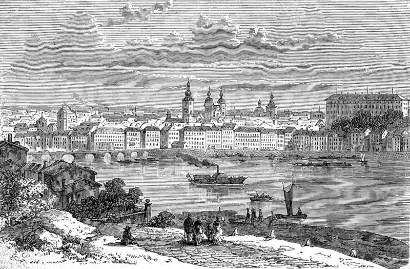 View of Linz in Austria in 1880, Historical, digital reproduction of an original from the 19th century