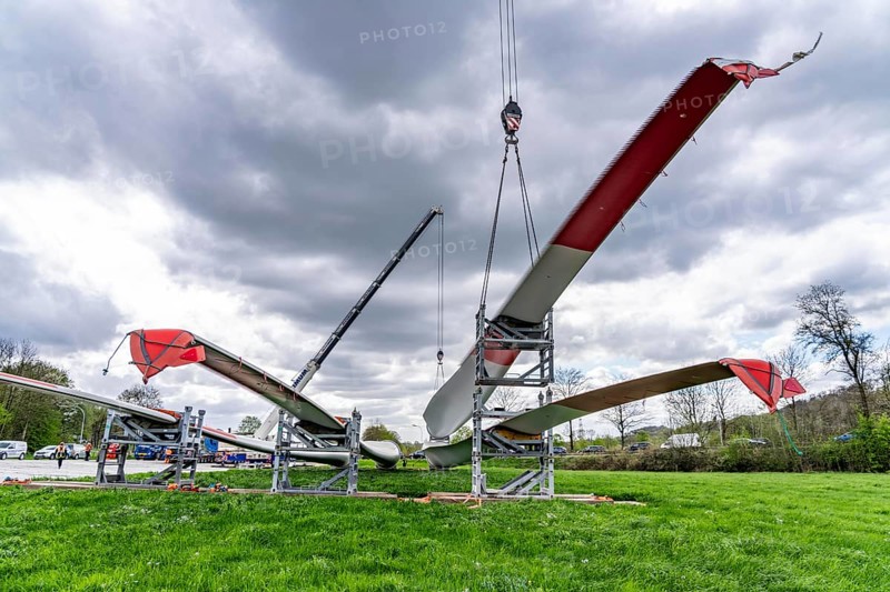 Preparation for the transport of a 68 metre long blade, a wind turbine, with a self-propelled Blade-Lifter vehicle, over a 40 km long route in the Bergisches Land, through towns, villages, over country roads, narrow through roads, to the construction site of the wind turbine near Hagen, North Rhine-Westphalia, Germany, Europe