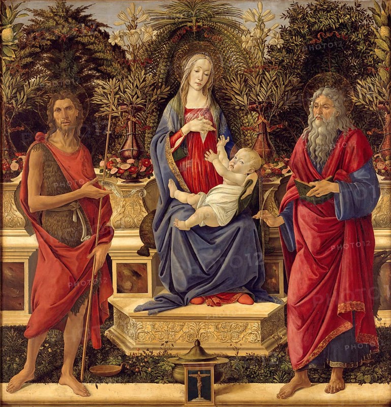 Madonna mit Kind und den beiden Heiligen Johannes (1484-1485), Madonna and Child with both Saints John, Painting by Sandro Botticelli (1 March 1445, 1510), one of the most important Italian painters and draughtsmen of the early Renaissance, Historic, digitally restored reproduction from an original, Record date not stated