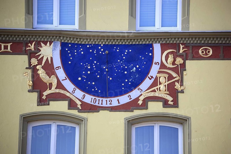 Sundial on the market square of Hammelburg, Lower Franconia, Bavaria, Germany, Europe