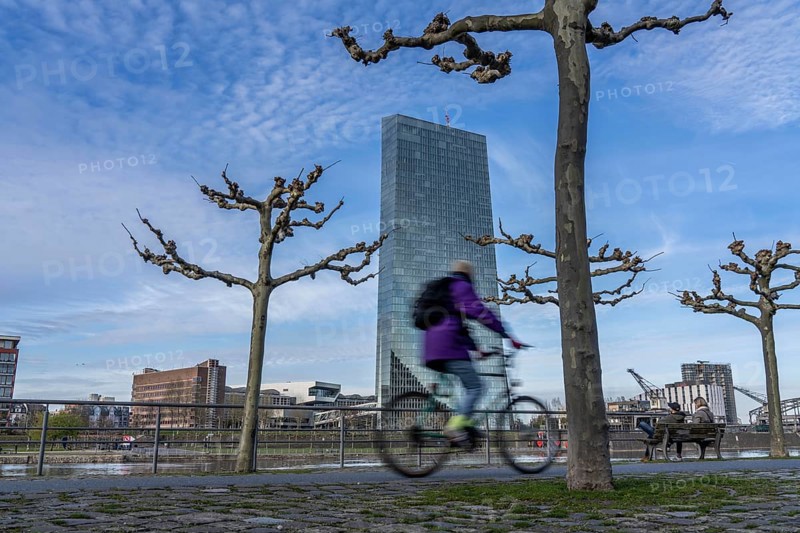 Building of the European Central Bank, ECB, cycle path on the Main in Frankfurt, Hesse, Germany, Europe