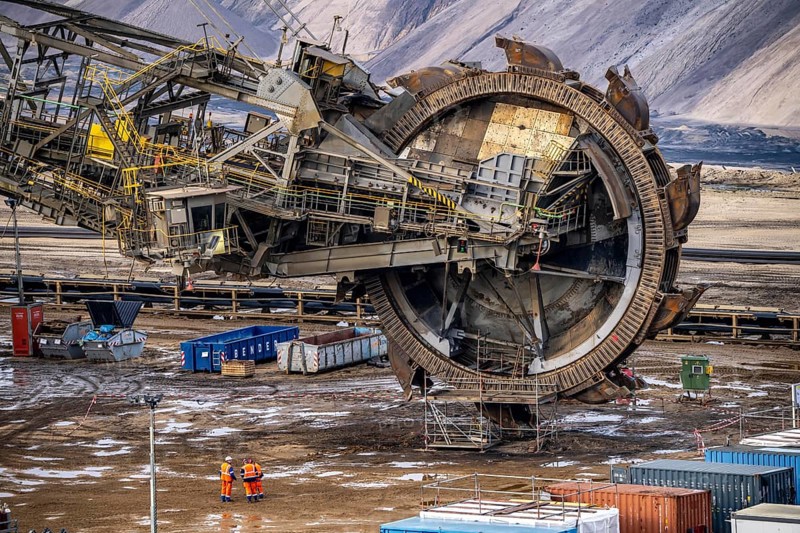 Garzweiler opencast lignite mine, bucket wheel excavator undergoing maintenance and repair, near Jüchen, North Rhine-Westphalia, Germany, Europe