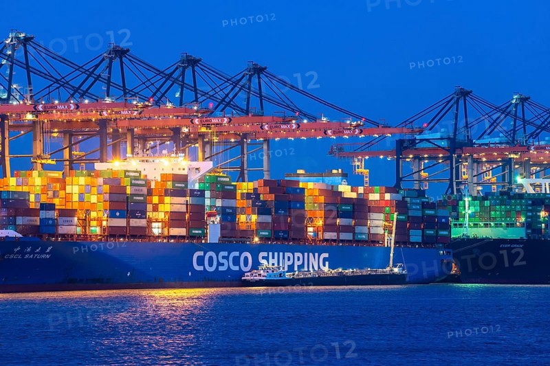 Euromax Container Terminal, container freighter, in the seaport of Rotterdam, Netherlands, deep-sea harbour Maasvlakte 2, on an artificial land area off the original coast, container ships of the shipping companies CSCL SATURN, Cosco Shipping, EVER GRADE, Evergreen
