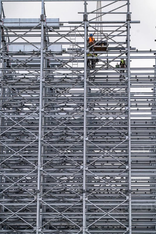 Construction of a high-bay warehouse, storage system for high space utilisation, in steel construction, North Rhine-Westphalia, Germany, Europe