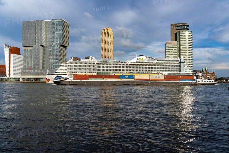 Rotterdam, skyline at the Nieuwe Maas, skyscrapers at the Kop van Zuid district, cruise ship Aida Prima at the Cruise Terminal, Netherlands