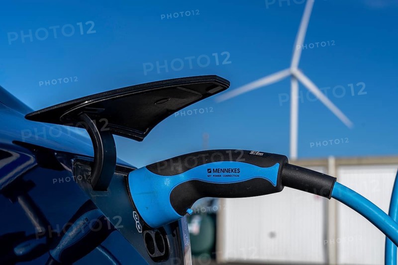 Electric car fast charging station, from the Dutch provider PowerGo, in the ferry harbour of Eemshaven, powered by renewable energy, Netherlands