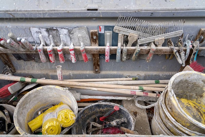 Toolbox of craftsmen, plasterers, bricklayers, drywallers, on a construction site