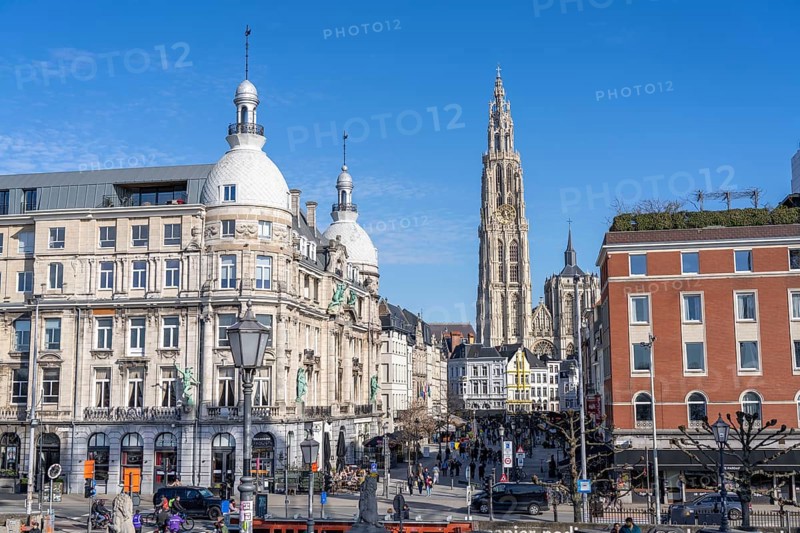 Old town, Cathedral of Our Lady, houses on the Suikerrui, Antwerp, Flanders, Belgium, Europe