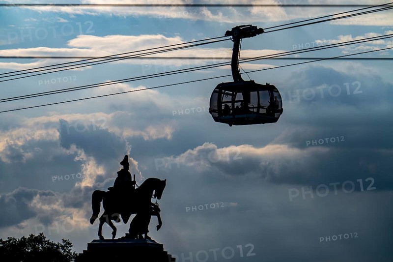 The monument to Kaiser Wilhelm I at the Deutsches Eck, cabin of the Koblenz cable car to Ehrenbreitstein Fortress, Rhineland-Palatinate, Germany, Europe