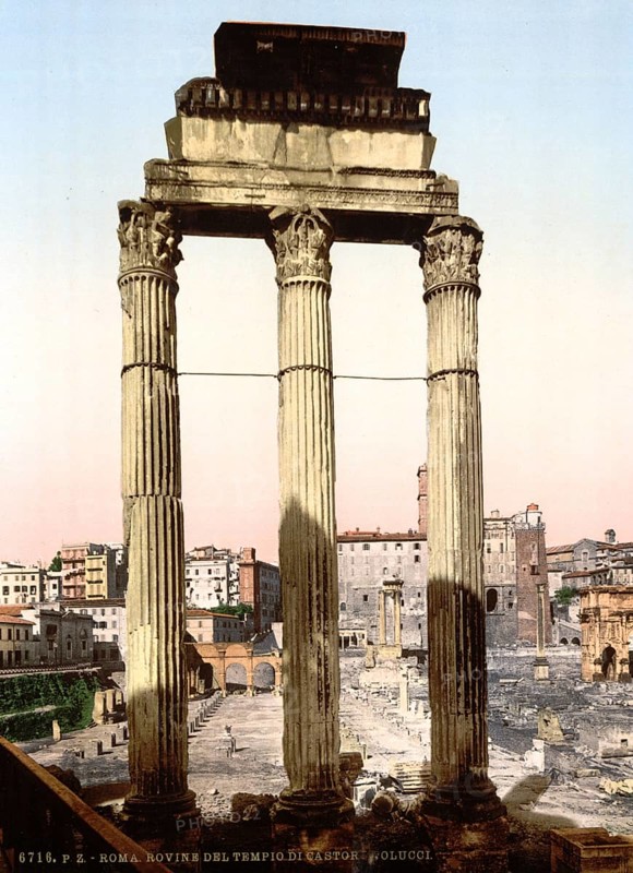 Ruins of Temple of Castor and Pollux, Rome, Italy, Historic, digitally restored reproduction from a 19th century original, Record date not stated, Ruins of Temple of Castor and Pollux, Rome, Italy, Historic, digitally restored reproduction from a 19th century original, Record date not stated, Europe