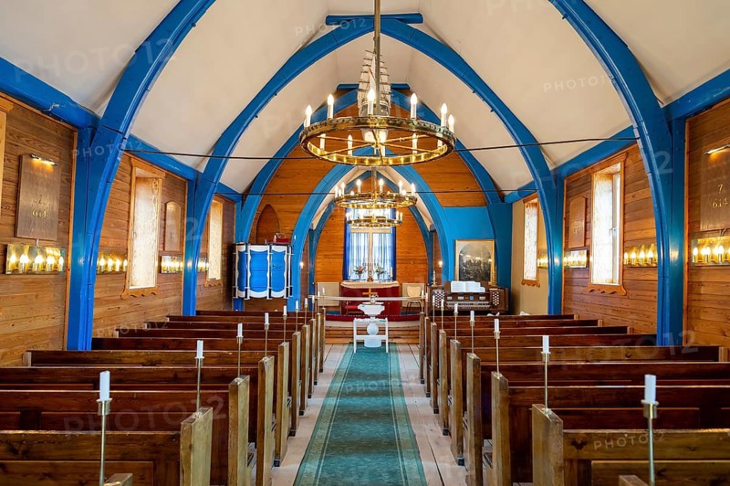 Church interior with wooden benches, church, Inuit settlement Ittoqqortoormiit, Scoresbysund or Scoresby Sund or Greenlandic Kangertittivaq, East Greenland, Greenland, North America