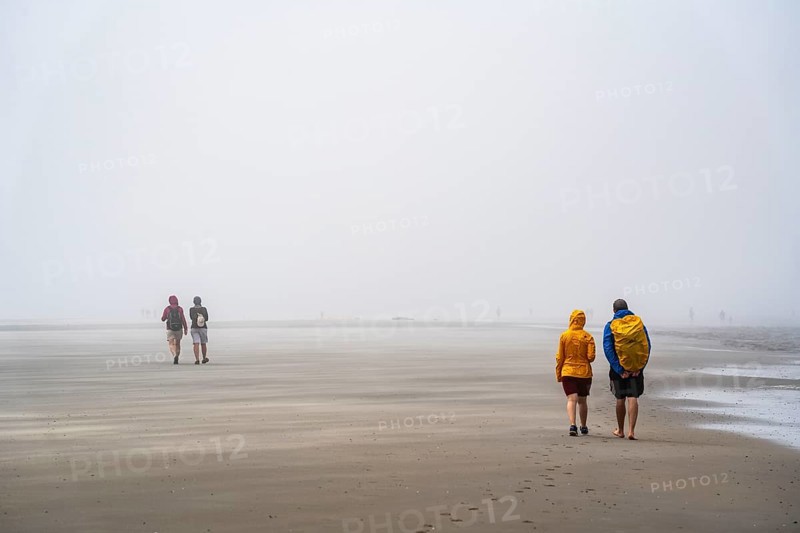 North Sea island Langeoog, early summer, shortly after the first easing of the lockdown in the Corona crisis, foggy weather, still quite few tourists on the beach, Lower Saxony, Germany, Europe