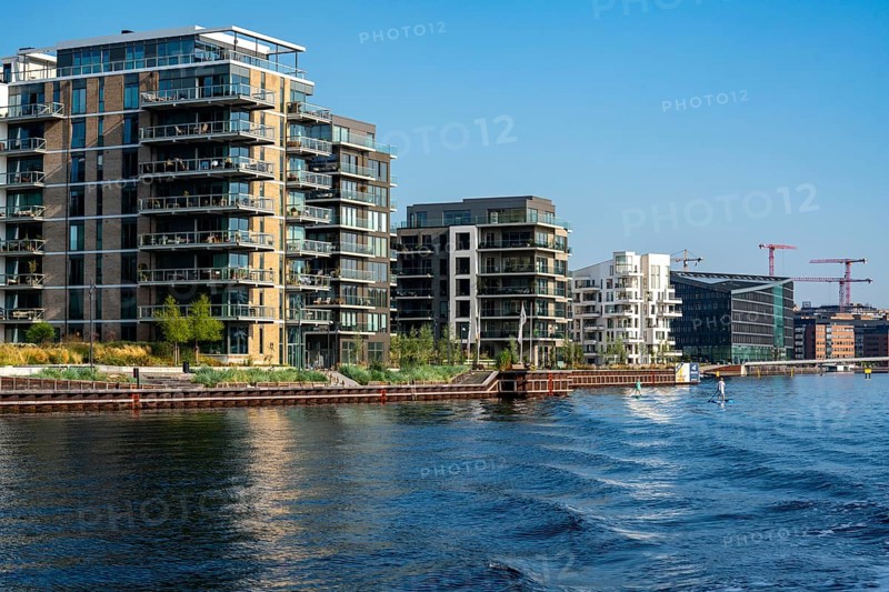 Residential buildings, flat blocks, condominiums, on the harbour, Havneholmen and Nobelholmen (left), near the Sydhavnen district, Copenhagen, Denmark, Europe