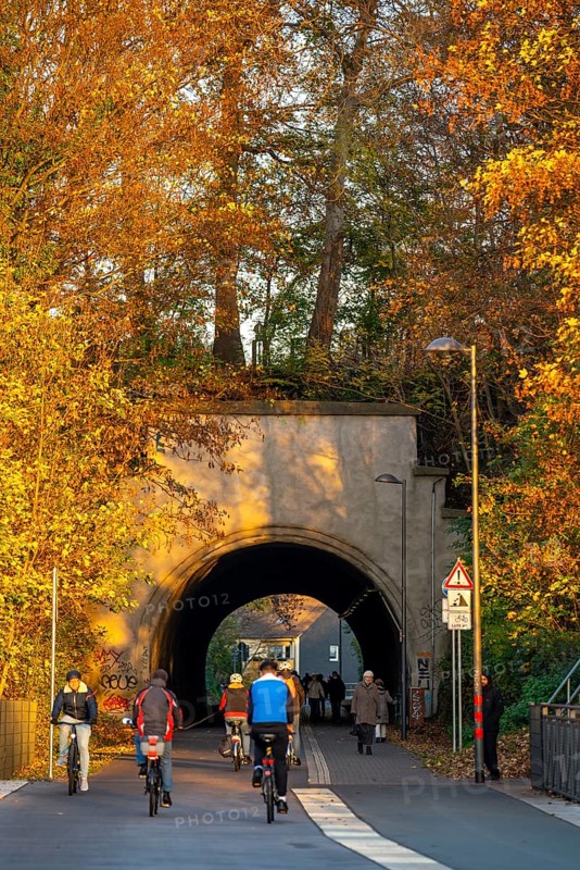The Nordbahntrasse, a cycle path, footpath, on a former 22 KM long railway line, along the west-east axis of Wuppertal, on the northern slope, with many tunnels, viaducts and views of the city, old railway platform, Wuppertal, North Rhine-Westphalia, Germany, Europe