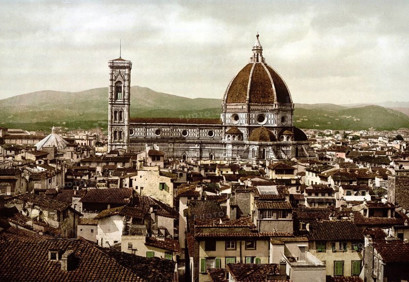 The Cathedral, Panoramic view from Palazzo Vecchio, Florence, Italy, Historical, Digitally restored reproduction from a 19th century original, 1880, Record date not stated, Europe