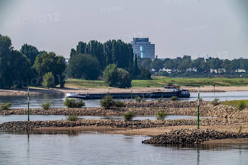 Slightly low water of the Rhine, shipping traffic on the Rhine near Düsseldorf, south of the Rhine knee bridge, North Rhine-Westphalia, Germany, Europe