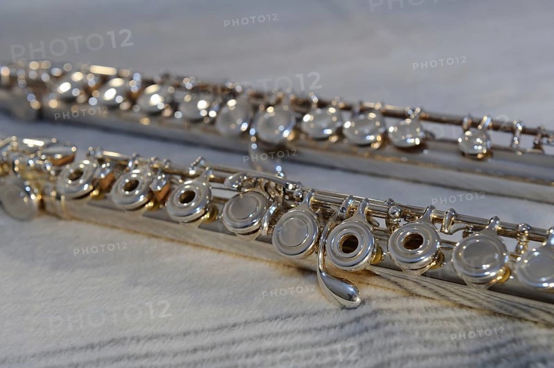 Close-up of the keys of a silver flute