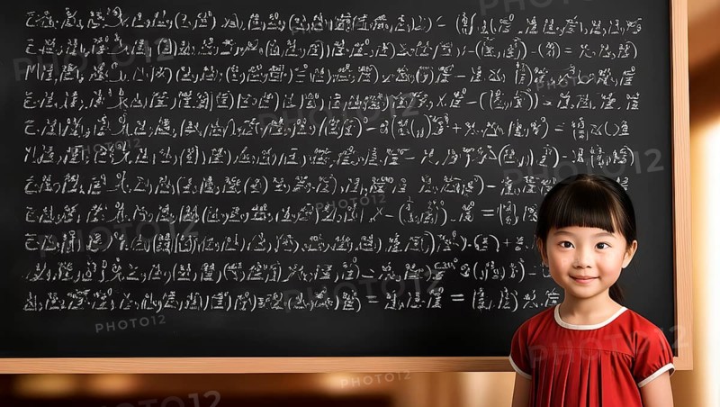 A little girl stands in front of a blackboard with a very long formula, symbolic image knowledge, science, maths, physics, teaching, education, research, intelligence, innovation, AI generated, AI generated