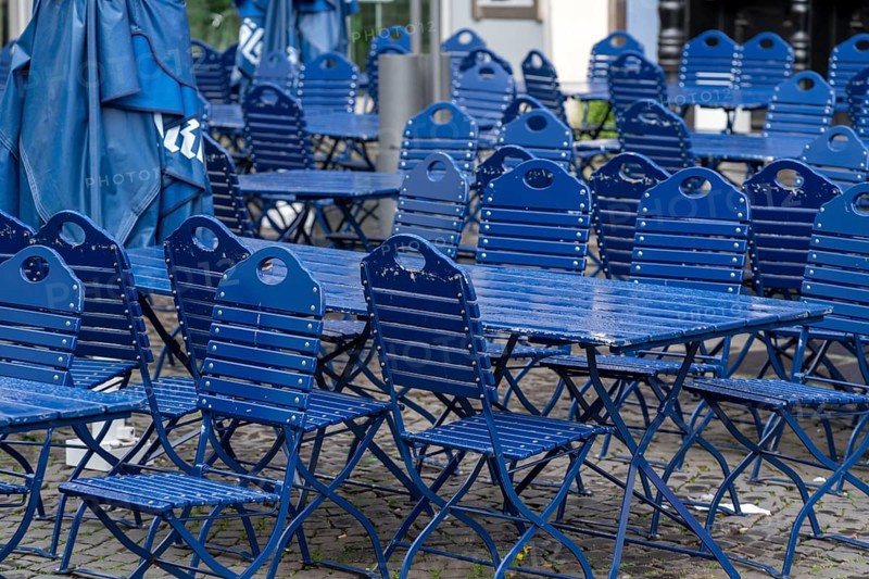 Catering, blue chairs and tables in a beer garden, outdoor catering, empty, closed