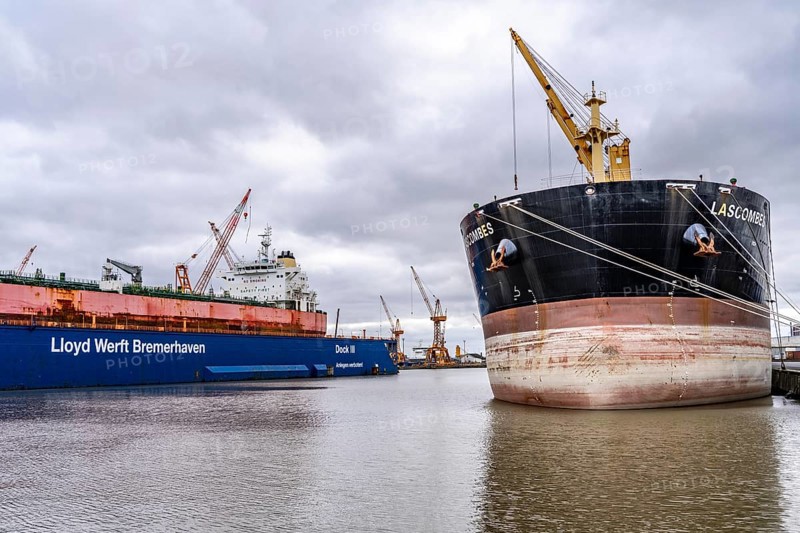 Lloyd Werft, dry dock, freighter Atlantic Journey, shipyard in the overseas harbour of Bremerhaven, Bremen, Germany, Europe