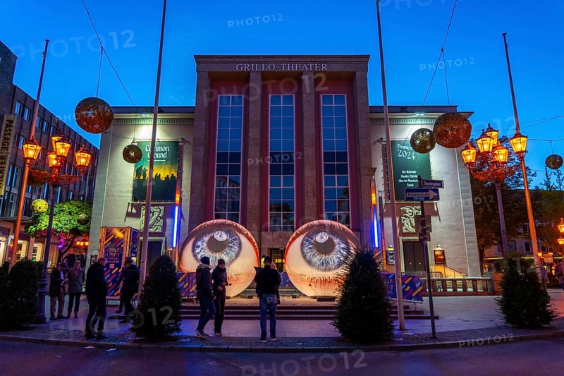 Essen Light Festival, in the city centre, artwork Oculus by the Italian artist H:E:M, 2 giant spheres in the shape of eyes, in front of the Grillo Theatre, North Rhine-Westphalia, Germany, Europe