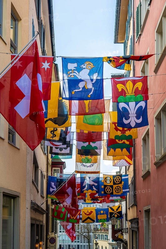 Augustinergasse with Swiss flags, Old Town, Zurich, Switzerland, Europe